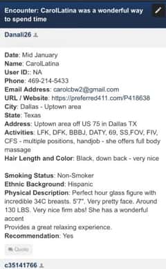 (469)214-5433 is ethnicity_Latinoandoffers nuru massages, asian massage, bodyrubs in Dallas and available for service_location_incallon rubrankings Hi, I'm Carol , it's a pleasure to meet you, I'm Mature young lady, Auburn long hair, hazel eyes, 5'7 ,135 lbs Athletic body. Specialize in heavenlydelights.I do not like vulgarity and lack of respect.  I am discreet and prefer the quality rather than the quantity. 
I speak English and Spanish ?
Enjoy your days with a luxurious companion,  I love Mature and Respectful  Gentleman, call or text me  now, I book up quickly.This sexy Latina is ciertified to blow your mind with her charming 
 personality. 
       **Same day appointment available 
       
       ⭐️ ⭐️⭐️My incall location is  Safe, Private and Luxury in Carrolton .I will book you quickly..⭐️⭐️⭐️
          ❤️ I prefer Quality rather than quantity ❤️
       ❤️I provide excellent services that you have never experienced… 

        ❤️I’m very sexy and also a good maseuse

         ❤️Body to Body Nuru massage

         ❤️Sexy lingerie

          ❤️GF entertainer

          ❤️Four hands Service

           ❤️Fetish Friendly

        To schedule must be at least 45min before time desire.

     **100% Real and Recent Pics**

       **I screen all new friends ,so be prepared to send me a couple of provide references**

        ***P411 ***
         CarolLatina P418638
appreciat introduce yourself ( Name, age and Race) ***?? 
EMAIL *** carol7211@protonmail.com***
Telegram *** 469 836 9050 ****
WhatsApp ***469 836 9050 ****
