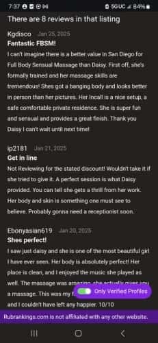 (619)675-6195 is ethnicity_Blackandoffers nuru massages, asian massage, bodyrubs in San Diego and available for service_location_incallon rubrankings Hello gentleman, my name is Daisy love. I want to thank you for stopping by my profile ?. My goal is to provide a safe space for you to enjoy while i relieve all your stress and for you to express all your desires without judgement.

I'm originally from Africa so I don't have the same attitude or demeanor as most women from here. I'm easy going, VERY feminine with a bubbly personality
and I truly enjoy bringing you the ultimate relief!

Come visit me in my new location in SDSU area
Private location with plenty Street parking 


ONLY 2 exclusive time slots available daily to give you my full attention.?


My FULL-BODY SENSUAL MASSAGE offers a luxurious, intimate, & deeply relaxing experience, set in a spa-like ambiance with soft candlelight & soothing atmosphere.

I have been on here for over a year
⚠️I'm verified ⚠️
So yes, I'm a real person 
and I have reviews. TER ID: 402950


Unfortunately I have dealt with a lot of different people who have caused me to create this disclaimer:

⚠️⚠️⚠️ PLEASE READ ⚠️⚠️⚠️
I do not see anyone who:
*has open sores / heavy acne
*Bad hygiene ( can shower at arrival )
*Obese 

I IMMEDIATELY ❌BLOCK❌ ANYONE WHO:
*asks for more pictures over text 
*Sends me nasty pictures 
*Asks about VIP over text
(Book an appointment we can talk)


I'm not hurting for money , PLEASE understand 
I do this cause I LIKE TO, not cause I have too.

You ABSOLUTELY must be a gentleman and respect my requirements:

⭐Send me your name, age, race & occupation 

TEXT ONLY
☎️ (619)675-6195

Same day appointments only for 1st time visitors 
*After 1st visit you can request.
$75 deposit required appointments 

✨ May SPECIALS✨

(First time visit w/ review 
get $50 off NEXT visit of 60min or more)

Topless 
40min 175
60min 225
90min 275

Nude
40min 200
60min 250
90min 300

⭐15MIN EXTENSIONS AVAILABLE  +50⭐

!!Fetish friendly!!
Come in for regular visit and we can talk about options after 😉

         
Tips welcome, but not expected?

Cash & Venmo only