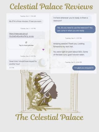 (727)253-5716 is ethnicity_Blackandoffers nuru massages, asian massage, bodyrubs in Tampa and available for service_location_incallon rubrankings Welcome to The Celestial Palace! A spiritual and holistic healing environment catered to relaxing your mind, body, soul & spirit. Let my hands rub all of the stress away and release it into the universe leaving you feeling relaxed and rejuvenated.

Mon - Sun 10am - 7pm

Aromatherapy nude bodyrub 
$225/60 Mins | $150/30 mins

Incall Only, St Petersburg FL
By appointment only


*Mutual Touch
*Respectful & Friendly Gentleman Only
*Discreet
*If You Are Looking For Sex/Full Service, Please Contact an Escort. Thank You

Hot towels | Experienced Clientele Only 
Text Goddess @ 7272535716

Cash Accepted 
Tap To Pay Accepted For A Small Fee & to be paid upon arrival 

