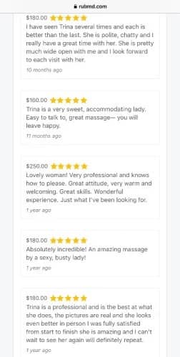 (724)590-2406 is ethnicity_otherandoffers nuru massages, asian massage, bodyrubs in Birmingham and available for service_location_bothon rubrankings My name is Trina. I love connecting with sensual gentlemen who are open to giving and receiving genuine depth and care. I’m highly trained in body work, tantra, and other healing arts. I absolutely adore the work of opening ourselves together and supporting you in your transformation. 

I have a luscious, curvy and fit salsa dancer’s figure with the generous hips, derrière, and bosom to match. My long, blond hair; pillowy, moist lips; soft, warm skin; and flowing, juicy nectar are a feast to touch and behold. 

You will feel at home in my clean, cozy, candle-lit, private residential space (shower available) I am also available for outcall. 

~~~~~OFFERINGS~~~~~

Incall rate *Massage
$200 for 1hour
$300 for 90mins
$400 for 2hours

*Massage Plus (more mutual & intimate - FS)
$300 for 1hour
$400 for 90mins
$500 for 2hours


*Domination, fetish, duo/four hands, upgrades, and more intimate desires are all welcome 

*Outcall.  Ask for outcall rate!
Additional consideration depending on location


~~~~~FAQ~~~~~

*Where are you located?
I’m located close to downtown.

*House, hotel, or apartment?
I host out of my private residence. It is a private apartment. 

*Do you offer outcall?
Yes. Outcall is an additional consideration depending on your location. 

*Are you a cop?
No. I have an abundance of reviews and  ads on every major ad platform verifying my legitimacy. 

*Are the photos really you?
Yes. I have an abundance of reviews and ads on every major ad platform verifying I use real, recent, accurate photos. 


*Are you independent?
Yes, 100% independent

*Do you have a shower?
Yes