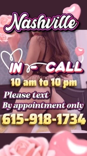 (615)918-1734 is asianand offers nuru massages, asian massage, bodyrubs in Nashville and available for incall on rubrankings I have  a slender, toned figure, irresistibly smooth skin, silky hair, and a sweet, flirtatious smile. I have a charm that's simply unforgettable.I aim to captivate you with enchantment and sensuality, leaving you deeply relaxed and craving even more of our exceptional services. Our bodies are truly unique, each possessing a singular charm and playful allure that will hold your attention and bring you immense happiness and satisfaction. I am delighted to spend wonderful moments with refined gentlemen, fulfilling your every desire and creating unforgettable experiences.I am available for in-call appointments daily from 10 AM to 10 PM. Please text to schedule—calls will not be answered.Visit: www.funudf.com