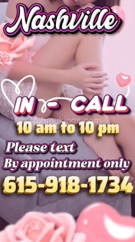 (615)918-1734 is asianand offers nuru massages, asian massage, bodyrubs in Nashville and available for incall on rubrankings I have  a slender, toned figure, irresistibly smooth skin, silky hair, and a sweet, flirtatious smile. I have a charm that's simply unforgettable.I aim to captivate you with enchantment and sensuality, leaving you deeply relaxed and craving even more of our exceptional services. Our bodies are truly unique, each possessing a singular charm and playful allure that will hold your attention and bring you immense happiness and satisfaction. I am delighted to spend wonderful moments with refined gentlemen, fulfilling your every desire and creating unforgettable experiences.I am available for in-call appointments daily from 10 AM to 10 PM. Please text to schedule—calls will not be answered.Visit: www.funudf.com