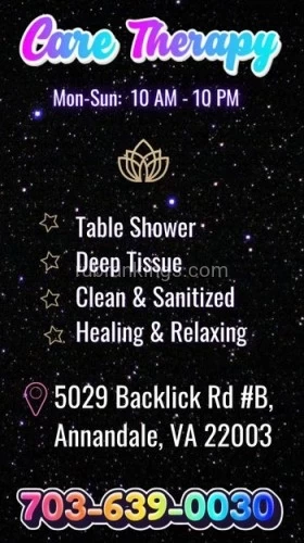 (703)363-9003 is asianand offers nuru massages, asian massage, bodyrubs in Washington and available for both on rubrankings ? Elevate Your Wellness Experience with Care Therapy! ?At Care Therapy, we believe in the transformative power of massage to nurture both body and soul. ?Step into our sanctuary of tranquility and let our expert therapists guide you on a journey to total relaxation and rejuvenation. ?With a wide range of massage techniques tailored to your unique needs, from soothing Swedish to invigorating deep tissue, we offer a personalized experience that will leave you feeling refreshed, revitalized, and ready to take on the world. ?‍♂️?‍♀️Experience the Care Therapy difference today and prioritize your well-being like never before.Book your session now and rediscover the joy of self-care! ?Experience the Care Therapy difference today and prioritize your well-being like never before. Book your session now and rediscover the joy of self-care! ?? Call us to book your appointment  Let's embark on your wellness journey together!