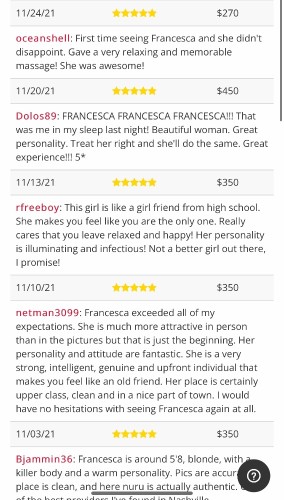 (615)861-7988 is Caucasianand offers nuru massages, asian massage, bodyrubs in Nashville and available for incall on rubrankings Hi guys, I'm Francesca!!
I’m an independent provider!
I am a sexy all natural European Beauty!
I'm blonde, green eyes, beautiful & smart....
MY PICS ARE 100% REAL!!!!
MY BODY IS ALL NATURAL!
I'm the real deal guys don't waste your time on scammers and fake profiles.

Donations:
170hh bodyrub
250h bodyrub
270hh nuru
350h nuru

I am here to please you with my soft hands and ready to make your heart race with my amazing skills.
420 FRIENDLY ;)

Donations accepted via CASH or CASHAPP.
*****cashapp donations will be charged an additional fee of 10$

TIPS ARE NOT REQUIRED, BUT GREATLY APPRECIATED!

Disclaimer: I am not a Imt. I do this for entertainment purposes only.

*** I only post my ad from this website so if you see other ads around using my pics it’s not me ***