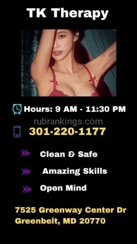 (301)220-1177 is asianand offers nuru massages, asian massage, bodyrubs in Washington and available for both on rubrankings ?? Welcome to TK Therapy: Your Oasis of Serenity ??Indulge in the ultimate relaxation experience at TK Therapy, where tranquility meets rejuvenation. Step into our serene sanctuary and embark on a journey to renew your mind, body, and spirit.Our skilled therapists are dedicated to providing you with personalized spa treatments tailored to your unique needs. Whether you seek relief from everyday stress, muscle tension, or simply desire a moment of blissful escape, we have the perfect solution for you.Discover the healing power of our luxurious spa services:✨ Massage Therapy: Let our expert massage therapists melt away your tension with a variety of techniques including Swedish, deep tissue, hot stone, and aromatherapy massages.✨ Body Treatments: Pamper yourself with our indulgent body scrubs, wraps, and masks, leaving your skin silky smooth and deeply nourished.At TK Therapy, we prioritize your comfort and satisfaction above all else. Relax and unwind in our tranquil atmosphere, where every detail is tailored to enhance your spa journey.Escape the hustle and bustle of daily life and treat yourself to the luxury you deserve at TK Therapy. Book your appointment today and embark on a path to rejuvenation and renewal. Your journey to wellness begins here.