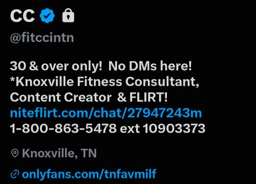 (555)555-5555 is Caucasianand offers nuru massages, asian massage, bodyrubs in Knoxville and available for incall on rubrankings Mon-Fri 9-6pm 
Screening is required!
Ccintn.com candyscurves@protonmail.com 
Onlyfans.com/tnfavmilf 
X com/fitccintn 
I do have a new snapchat for returning friends only. Reach out with your profile name.If you would like for me to add you.
30 & over only!  No DMs here! 
*Knoxville Fitness Consultant, Content Creator  & FLIRT!
https://t.co/l7C8lwWEKm
1-800-863-5478 ext 10903373 


Proprietor of erotic art!

Screening is required with real world information! 

Email for screening or visit my website.
Candyscurves@protonmail.com
Ccintn.com 
Verify my pix on snap and onlyfans tnfavmilf

Screening w/real world info is required and vetted 
 
You must be 30 or older.  
Candyscurves@protonmail.com 
onlyfans.com/tnfavmilf niteflirt.com/candycurves 

Find me on X formally twitter at @fitccintn 1000s of pix and videos  Xxx onlyfans.com/tnfavmilf

