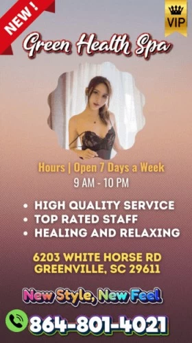 (864)801-4021 is asianand offers nuru massages, asian massage, bodyrubs in Greenville and available for incall on rubrankings     Relaxing and soothing atmosphere to help you unwind    Variety of techniques to suit your needs, including deep tissue and Swedish massage    Use of warm oils and hot towels to enhance your massage experience    Customizable massage sessions to focus on your areas of tension and stress    Discreet and professional service to ensure your privacy and comfort    Convenient location with ample parking and easy access    Affordable prices for regular and long-term clients    Safe and hygienic environment with strict cleaning protocols in placeDon't wait any longer to pamper yourself with an body rub massage with Green Health Spa. Book your appointment today and let our skilled masseuses melt away your stress and tension!