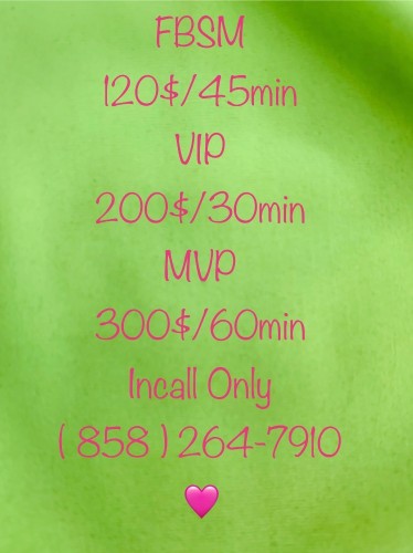 (858)264-7910 is Caucasianand offers nuru massages, asian massage, bodyrubs in San diego and available for incall on rubrankings Enjoy a wonderful relaxing massage by Rhonda 
Incall only 
52/Genesee Ave 92117
Off Clairemont Dr 
its always best to prebook or get ahold of me early
i dont always post but i am available monday-saturday 7am-3pm and some sundays 6am-1pm

FBSM  
120$/45min

VIP
200$/30min

MVP
300$/60min

when scheduling VIP/MVP session please let me know its  a VIP/MVP session so I am prepared for our special time together
thank you 
oxox

Cash /Apple Pay /Zelle 


