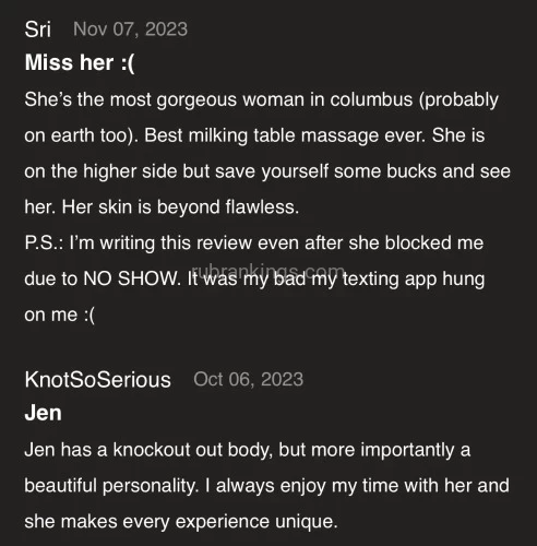(614)960-8526 is Caucasianand offers nuru massages, asian massage, bodyrubs in Columbus and available for incall on rubrankings Hello Gentlemen,
My name is Genifer or you can call me Jen. I'm an affectionate woman with a soothing touch. As a SMT, my priority is to relieve all stress and body tension while providing a relaxing and passionate experience. All massages are done at my safe and discrete incall and done on my REAL milking table. 
Take a moment to review my availability and services listed below. 
Please text to schedule your appointment.


Over the Edge Relaxation:
30 min 200

Body Tantra:
60 min 300
90 min 400


*Screening is required*
*CASH ONLY*
*SHOWER INCLUDED*
*upgrades available*
