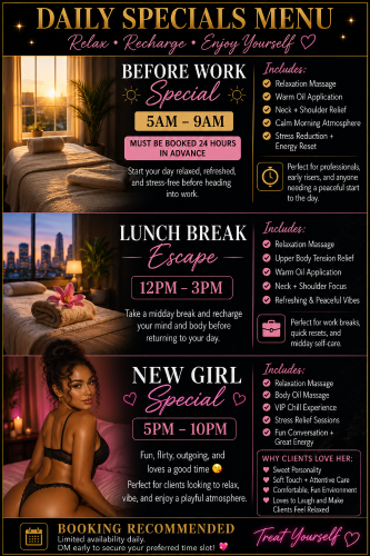 (614)586-3347 is 0and offers nuru massages, asian massage, bodyrubs in Columbus and available for both on rubrankings ☀️ BEFORE WORK SPECIAL ☀️
Start Your Morning Relaxed, Refreshed & Ready 💼✨

Available Daily: 5AM – 9AM
⏰ Must Be Booked At Least 24 Hours In Advance

Perfect for early risers, professionals, gym lovers, and anyone wanting a peaceful reset before the day begins.

✨ Morning Reset Includes:
• Relaxation Massage
• Warm Oil Application
• Neck + Shoulder Relief
• Stress & Tension Release
• Calm, Quiet Environment
• Energizing Morning Vibes

💆‍♀️ Designed To Help You:
• Wake up your body
• Reduce morning stiffness
• Improve focus before work
• Start the day feeling refreshed

🌅 Early Morning Availability Is Limited
📲 Advance booking required to secure your preferred time slot.

✨ Come in stressed… leave ready for the day.