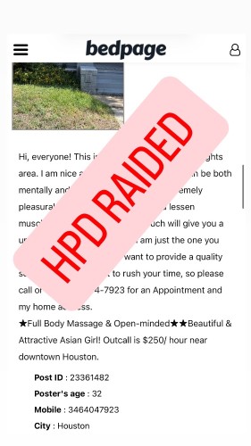 (346)404-7923 is asianand offers nuru massages, asian massage, bodyrubs in Houston and available for both on rubrankings Be careful coco just got raided! I was about to pull up to do a 4 hand with her at 12:00pm (today May 20, 2026) when I saw cop cars surrounded her house!!


If you have an eccie or ourhome2 account please post coco has been raided!!! 


346-404-7923 (DO NOT CALL!) 