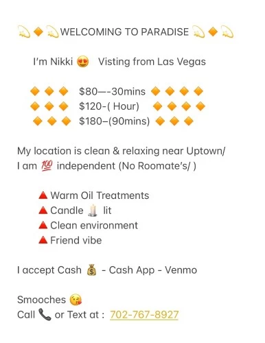 (702)767-8972 is Mixedand offers nuru massages, asian massage, bodyrubs in Charlotte and available for incall on rubrankings Hi Respectfully Gentlemen It’s Nikki ?I am excited to offer my services for total relaxation Pleasures….I like to take time and make sure you are completely satisfied.(A True Pleasure seeker…)If you are looking for the most sensual & exotic massage look no furtherMy photos are accurate. full hour. no upselling.Call me at 702-767-8972— upscale ✨Therapeutic Sensual NURU ✨4 Hand sessions (by availability)✨Dom & Sub Play ✨Massage ME! ✨Safe Clean Private Home with shower✨Warm Towels✨Pegging 