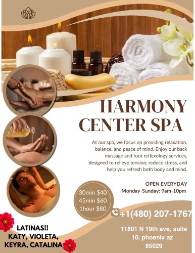 (480)207-1767 is Latinoand offers nuru massages, asian massage, bodyrubs in Phoenix and available for both on rubrankings Type
Petite
Service Locations
Both
Description
Title
New therapist🌸
Body Type
Petite
Service Locations
Both
Description
Title
🎀🎀🎀harmony center spa🎀latinas🎀19th Avenue, be
Body Type
Curvy
Ethnicity
Latino
Service Locations
Both
Description
🎀🎀🎀🎀harmony center spa🎀🎀🎀🎀🎀🎀new new new 🎀🎀🎀19th Avenue, between Peoria and Cactus🎀🎀???gran opening ??Latinas✅ Grand opening!! 🌸🌺🌸🌺A place to relax. We’re located it at_ 11801 n 19 av suite 10 phoenix az 85029 …We offer foot massage, Reiki reflexology and Hot towel services. We have the best prices in Phoenix. Don’t forget to ask about our opening specials!! We respect your time, minute by minute. Come meet our new talented therapists: KAREN,CATALYNA,KEyRA,vIOLETA,ARIANA,KATY,NATY. (Mexico, Cuba, Venezuela). 30 min $50 💎💎💎45 min $60 1HR $80.✅✅✅✅✅✅ 🎀🎀🎀🎀🎀🎀 open Monday to Sunday 9 am to 10 pm 85029✅✅✅✅✅✅✅☎️480 207 1767☎️.
CONTACT DETAILS
Phone number
5206333484
Country
United States
State/Region/Province
Arizona
City
Phoenix
Location
11801 n 19 th av suite 10 phx az 85029
CONTACT DETAILS
Phone number
(480) 207-1767
Country
United States
State/Region/Province
Arizona
City
CONTACT DETAILS
Phone number
(480) 207-1767
Country
United States
State/Region/Province
Arizona
City