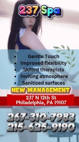 (267)310-7983 is asianand offers nuru massages, asian massage, bodyrubs in Philadelphia and available for both on rubrankings ? Experience the Ultimate in Relaxation at 237 Spa ??️ Location: 237 N 12th St, Philadelphia, PA 19107? Phone: 267-310-7983 || 215-625-9190Gentlemen, it’s time to treat yourself to a premium spa experience. At 237 Spa, our expert female massage therapists are here to help you unwind and recharge. Whether you're looking for a deep tissue massage to ease tension or a relaxing aromatherapy session, our skilled team has you covered.?‍♂️ Indulge in:    Soothing Swedish Massages ?    Intense Deep Tissue Treatments ?    Revitalizing Aromatherapy ? Embrace the ultimate in relaxation and let our professionals take care of you. Book your escape today and discover why 237 Spa is Philadelphia’s premier destination for relaxation.✨ Call us now to schedule your appointment! ✨267-310-7983 || 215-625-9190Experience relaxation redefined at 237 Spa – where your comfort is our priority.