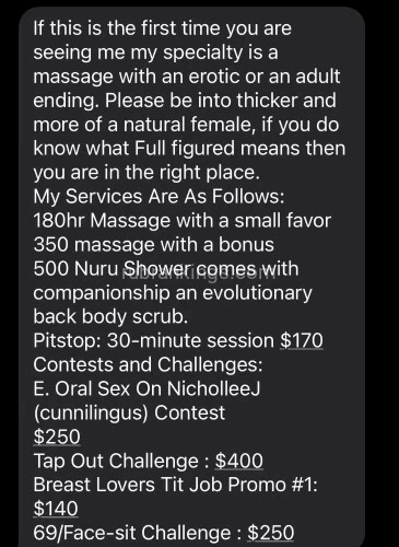 (910)644-8537 is Blackand offers nuru massages, asian massage, bodyrubs in Raleigh and available for both on rubrankings <p>Sellerjns@gmail.com I accept: U.S Currency. No Service without a condom!✅Open 6am-10pm! ✅Outcall  450! No Appts Past 10pm! ✅ Digital Currency Only if younger then 38yrs old!  ** Rates are nonnegotiable and my time is for companionship only!*** Full Figured Companion!  ❤ Hello I’m NicholleeJ thanks for allowing me to meet your acquaintance. I try  to be professional and punctual with each text or phone conversation. I’m very  easy to get along with and easy to schedule your appointment. I understand  alone time is considered the new luxury in this day and age. Please be  courteous when you decide to contact me. Please state your name, number, and the reason for your call/text to save us both time and frustration❤. -Respectfully  Yours NicholleeJ 