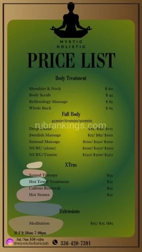 (743)209-8815 is Blackand offers nuru massages, asian massage, bodyrubs in Greensboro and available for both on rubrankings  Thank you for clicking my ad!•Are you tired of disconnected experiences? •Have you been working extremely hard and need a moment of serenity? •Have you experienced a multitude of services and just felt like “Wow I still haven’t found what I’m looking for”? •Would you like to try something new for the mind, body AND soul?-Well Hi I’m Jah, I provide body rejuvenation services. My purpose is to help other’s release, heal and relax. I offer a number of services that you can see below. In order to book I will perform a light screening, I do NOT see every person and my goal is to create bonds and a great business relationship with you. I do allow walk ins but I prefer appointments. Walk ins are available first to my regulars and must be inquired 30-60 mins before desired time. I will not allow walk ins hours before time, you must make a deposit if you’d like to set up an appointment and have a specified space for only you. I do travel, but dependidistance, the travel fee does vary. To ensure legitimacy of my business please follow me on Instagram @MysticholisticjahTikTok @iamjahgoddessSnapchat @jah_goddess7Hope to see you soon, Jah