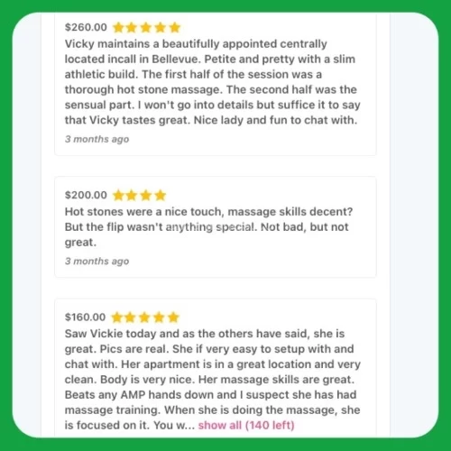(206)384-5133 is asianand offers nuru massages, asian massage, bodyrubs in Seattle and available for incall on rubrankings Hi My Name is   ➡️  VICKIE    And I am Specialized in Asian  ✳️ MASSAGE ✳️

With……💧 HOT STONE  💧  At My Nice COMFORTABLE AND CLEAN PLACE.

                       ▶️  IN DOWNTOWN BELLEVUE  ▶️    INDEPENDENT >>>▶️ INCALL ONLY 
Who……… is Very Experienced in Giving you a Sensual And 
                                                                                                                                                                                                                                                          ……💪💪RELAXED……MASSAGE 💪💪…YOUR ………MUSCLES 

…And Make 🟢🟢 ALL YOUR WORRIES GO WAY 🟢🟢
    ⏰            TIME. OPEN.   10:00 AM. >>>.   TO. 9:30. PM.   ⏰

📌📌    LAST APPOINTMENT AT >>> 8:30PM   📌📌
🎀🎀       BODY RUB OPEN 7DAY     🎀🎀

🎈🎈    HR 6️⃣0️⃣ MINUTES 

🎁🎁…$$ 1️⃣8️⃣0️⃣……
📲. ACCEPT CASH APP 📲….☎️ PLEASE TEXTING ON 2️⃣0️⃣6️⃣-3️⃣8️⃣4️⃣-5️⃣1️⃣………                                               🌿🌿LOOKING FORWARD TO SEEING YOU SMILES🌿🌿                                                                                          ❌❌❌ NO BLKD CALL OR GOOGLE NUMBER THANKS 
                                                   ❇️❇️🩶🩶STAY SAFE VICKIE🩶🩶❇️❇️
