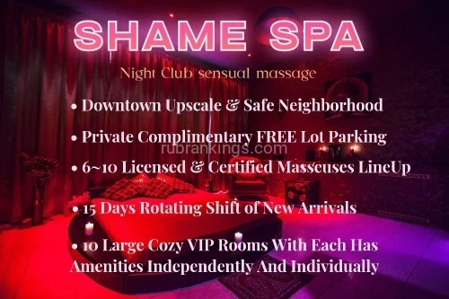 (773)708-2950 is asianand offers nuru massages, asian massage, bodyrubs in Chicago and available for incall on rubrankings < Shame Spa > is a bold attempt but the most creative marriage of “House” and “Massage | Spa Parlor” incorporating with “Night Club” inspiration, where you’ll enjoy the house hotties’ pamper in parlor, and enjoy the parlor pro masseuses’ treatments in house, and be surrounded by night club’s fantasy ambiance. Our company’s ambition and slogan is “Feast of Line Up” & “Symphony of Treatments” & “Carnival of Senses”. We sincerely regard what we’re doing as the challenged “Science” and the fascinating “Art”.Our Innovative Epic Concept Is Accompanied By:•	Downtown Location, One of The Most Prosperous, Most Upscale, Most Convenient, And Safest Neighborhood, With Our Own Private Complimentary FREE Lot Parking.•	The Largest Investment + The Largest Space + The Most Expensive Architect & Décor + The Most Advanced Equipment & Facilities.•	Steam Sauna Room + Jacuzzi Tub + Standing Shower Room + Table Shower Room + Water Air Mattress + Tatami Bed + Massage Mattress + Relaxed Couch.  ( We have 10 VIP-Rooms, EACH ROOM EMBRACES ALL THESE FACILITIES INDEPENDENTLY!  YOU WON’T NEED TO SHARE WITH OTHERS! )•	Ethnic Diversity + Pure Authentic Lineage + Crazy Big Line Up + Unbeatable Quality of Candidates + Certified & Licensed & Passionate Genius + 15 Days Rotating Shift of New Arrival = Di Da Di’s Unique Screening & Scheduling on Masseuses.•	The Most Professional Operating Team & Managing Team Directed by The Most Powerful Legit Company Together with Our Genius Founder, CEO.•	The Most Inspired & Positive Culture + The Most Ambitious Vision + Keeping Our Sights Firmly Set on Company’s Success.•	The Most Valuable & Lowest Price for The “Summit of Quality” & “Top-Notch Service” & “World-Class Phenomenal Experience”.Let the “Shame” Stimulate Your Inner Animal Desire @ 773-708-2950Official Hours: 10:00am ~ 1:00am Every Day ( Except Friday & Saturday 10:00am ~ 2:00am )