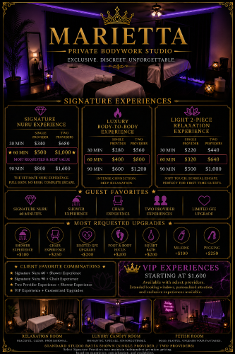 (678)248-2835 is otherand offers nuru massages, asian massage, bodyrubs in Atlanta and available for both on rubrankings 

📅 AVAILABILITY

🌙 Thursday – Sunday
8:00 PM – 4:30 AM
☀️ Monday – Wednesday
Flexible Appointments Available

Same-day appointments welcomed when availability permits.

━━━━━━━━━━━━━━━

Luxury Private Relaxation Studio • Professional Bodywork • Shower Available

Welcome to a private luxury bodywork studio designed for comfort, discretion, and relaxation.

Enjoy a premium experience in one of our three beautifully appointed private rooms, featuring:

• 3 Private Luxury Suites
• Warm Oil Bodywork
• Hot Towels
• Private Shower Available
• Complimentary Bottled Water
• Private Parking
• Upscale, Clean & Discreet Environment

We proudly welcome respectful guests who appreciate exceptional bodywork and personalized service.

Rates are listed as Single Provider / Two Providers.
⸻
📲 BOOKING
To check Marietta availability, please text:
• Preferred experience
• Session length
• Preferred provider (if any)
• Desired appointment time

Example:
“Hi! I’d like to book a 60-minute Signature Nuru Experience today around 4:00 PM.”

Including this information helps us confirm availability more quickly.
⸻
⭐ SIGNATURE NURU GLIDE EXPERIENCE ⭐
Most Requested Experience
⭐ Rates
30 Minutes — $340 / $680
60 Minutes — $500 / $1,000 ⭐ Most Booked
90 Minutes — $800 / $1,600
⸻
🔥 LUXURY BODY-TO-BODY EXPERIENCE 🔥
🔥 Rates
30 Minutes — $280 / $560
60 Minutes — $400 / $800
90 Minutes — $600 / $1,200
⸻
🌸 LIGHT 2-PIECE RELAXATION EXPERIENCE
🌸 Rates
30 Minutes — $220 / $440
60 Minutes — $320 / $640
90 Minutes — $500 / $1,000

⸻

✨ OPTIONAL ENHANCEMENTS ✨
Available depending on provider and session.
$100 Enhancements
• Shower Experience
• Milking Session

$200 Premium Enhancements
• Limited GFE Interaction
• Foot & Body Focus
• Squirt Bath

$250 Signature Enhancements
• Chair Experience
• Pegging

👑 VIP EXPERIENCES — Starting at $1,600+
The ultimate private luxury experience.
• Extended booking windows
• Personalized attention
• Premium accommodations
• Available with select providers only
Please inquire for availability and current VIP offerings.