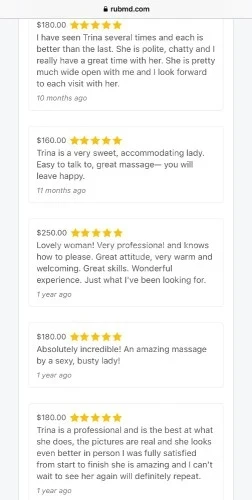 (724)590-2406 is otherand offers nuru massages, asian massage, bodyrubs in Greensboro and available for both on rubrankings My name is Trina. I love connecting with sensual gentlemen who are open to giving and receiving genuine depth and care. I’m highly trained in body work, tantra, and other healing arts. I absolutely adore the work of opening ourselves together and supporting you in your transformation.

I have a luscious, curvy and fit salsa dancer’s figure with the generous hips, derrière, and bosom to match. My long, blond hair; pillowy, moist lips; soft, warm skin; and flowing, juicy nectar are a feast to touch and behold.

You will feel at home in my clean, cozy, candle-lit, private residential space (shower available) I am also available for outcall.

~~~~~OFFERINGS~~~~~

*Massage
$200 for 1hour
$300 for 90mins
$400 for 2hours

*Massage Plus (more mutual & intimate - FS)
$300 for 1hour
$400 for 90mins
$500 for 2hours


*Domination, fetish, duo/four hands, upgrades, and more intimate desires are all welcome

*Outcall
Additional consideration depending on location


~~~~~FAQ~~~~~

*Where are you located?
I’m located close to downtown.

*House, hotel, or apartment?
I host out of my private residence. It is a private apartment.

*Do you offer outcall?
Yes. Outcall is an additional consideration depending on your location.

*Are you a cop?
No. I have an abundance of reviews and ads on every major ad platform verifying my legitimacy.

*Are the photos really you?
Yes. I have an abundance of reviews and ads on every major ad platform verifying I use real, recent, accurate photos.


*Are you independent?
Yes, 100% independent

*Do you have a shower?
Yes