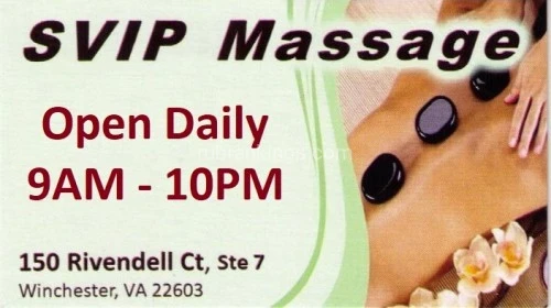 (540)914-9111 is asianand offers nuru massages, asian massage, bodyrubs in Martinsburg and available for incall on rubrankings Come lay on our heated tables and get an authentic traditional Asian massage at SVIP. You'll be glad you did!

Back walking available too!

Free! Aromatherapy available using Essential Oils. We use the best, Plant Therapy and Laguna Moon:

      - Tea Tree - good for burns, deodorizing, is antiseptic, antimicrobial and antifungal. 
      - Sweet Orange - Uplifting, calming, good for the digestive system.
      - Lavender - Restful sleep, reduces stress, soothes sun-damaged skin.
      - Eucalyptus - Good during cold season, relieves pain and fights against herpes simplex virus.
      - Peppermint - Energizing, stimulating, revitalizing.
      - Lemon - Reduces anxiety and depression, may also help cognitive function of folks with Alzheimer’s disease.

30 min $50
60 min $60
90 min $110

table shower is an additional $20

We are located at 150 Rivendell Ct., Suite 7, Winchester, VA 22603 - (540) 914-9111